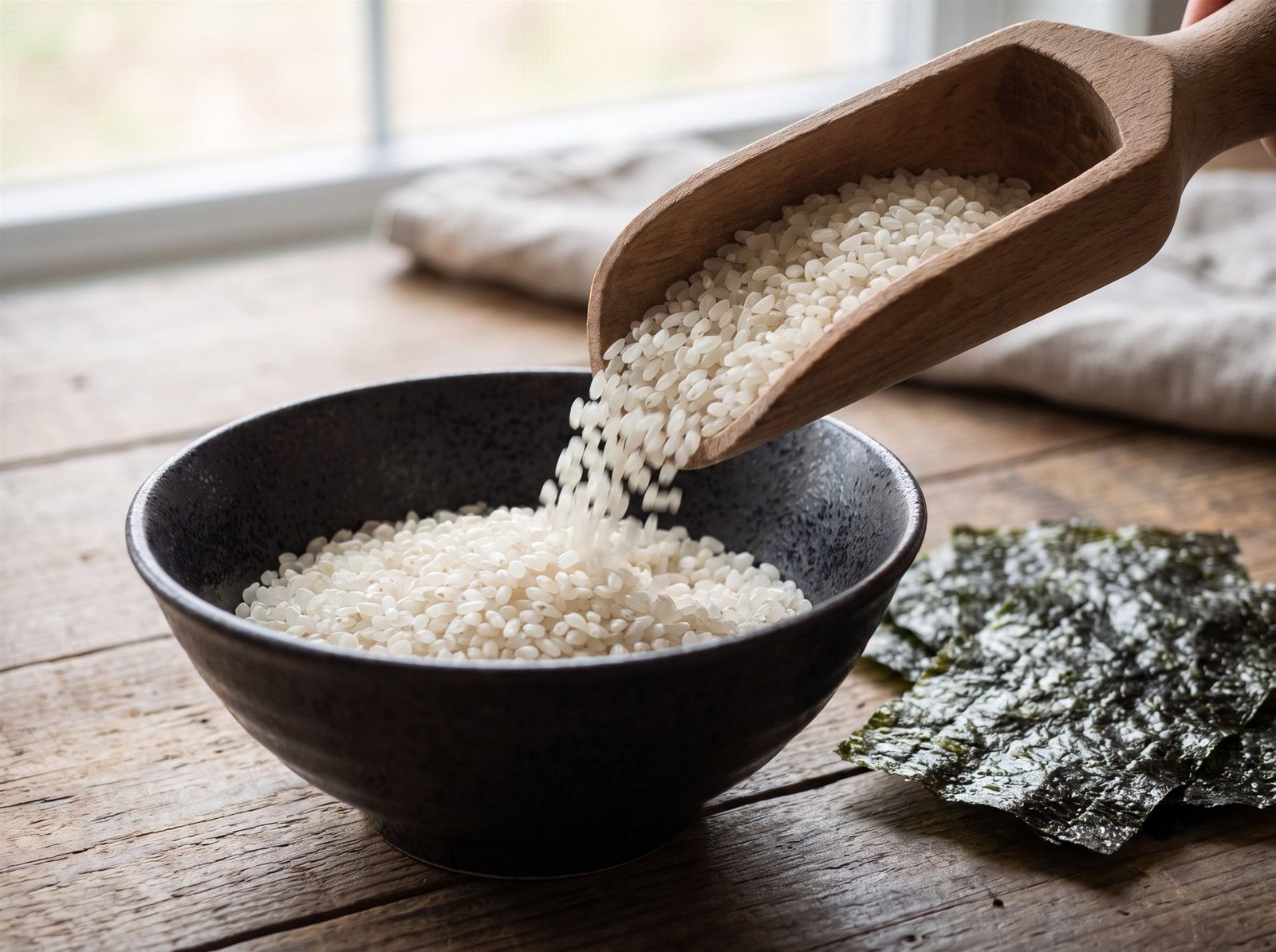 Arroz japonês sendo servido de uma colher de madeira em tigela, com folhas de nori ao lado