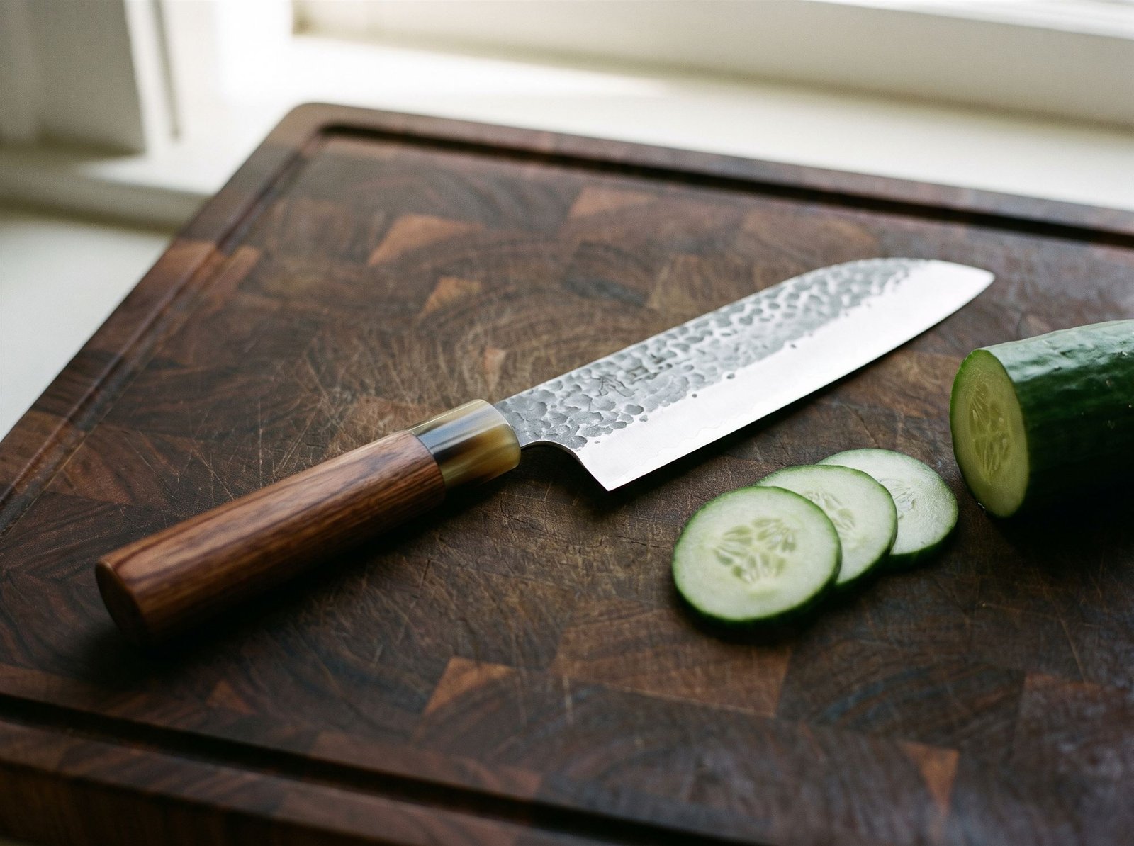 Faca japonesa santoku sobre tábua de madeira com fatias de pepino