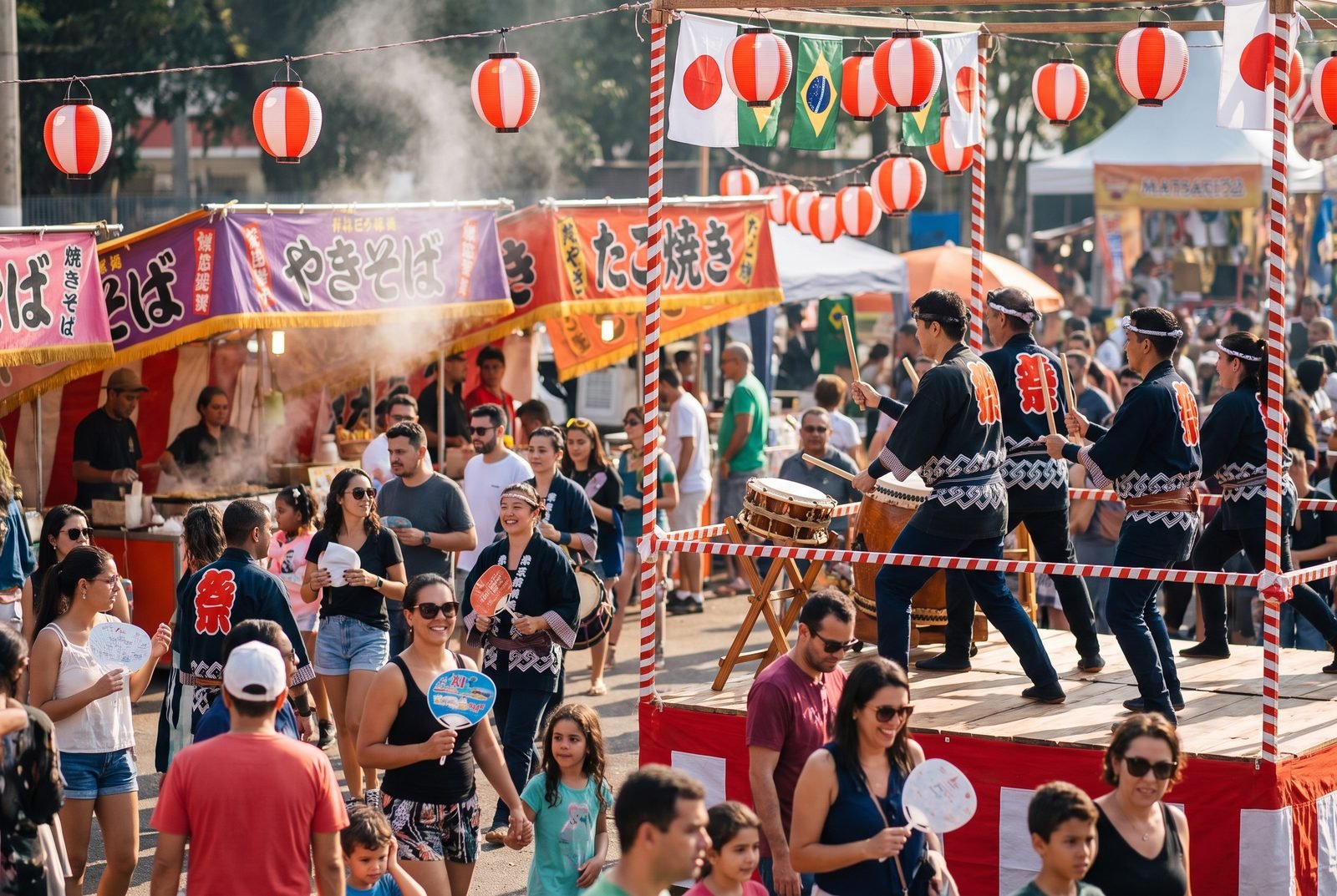 Festival japonês ao ar livre com lanternas, barracas de comida e apresentação de taiko