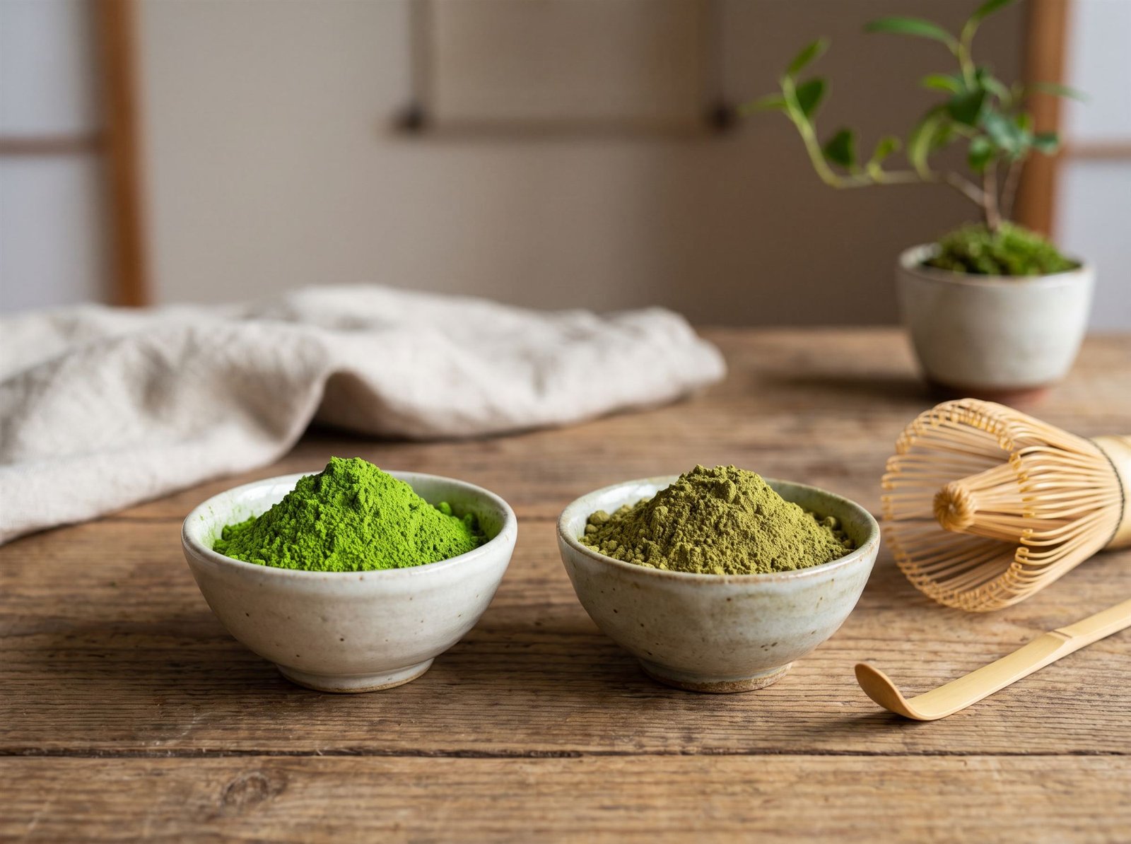 Comparação entre matcha grau cerimonial verde vivo e matcha culinário mais opaco