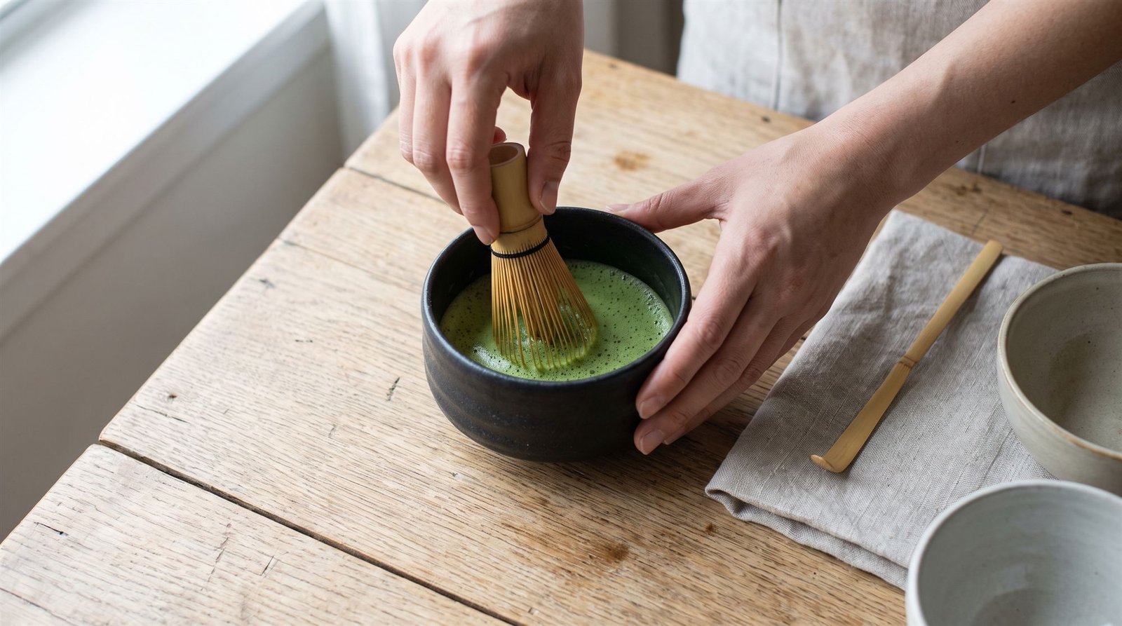 Matcha sendo batido com chasen