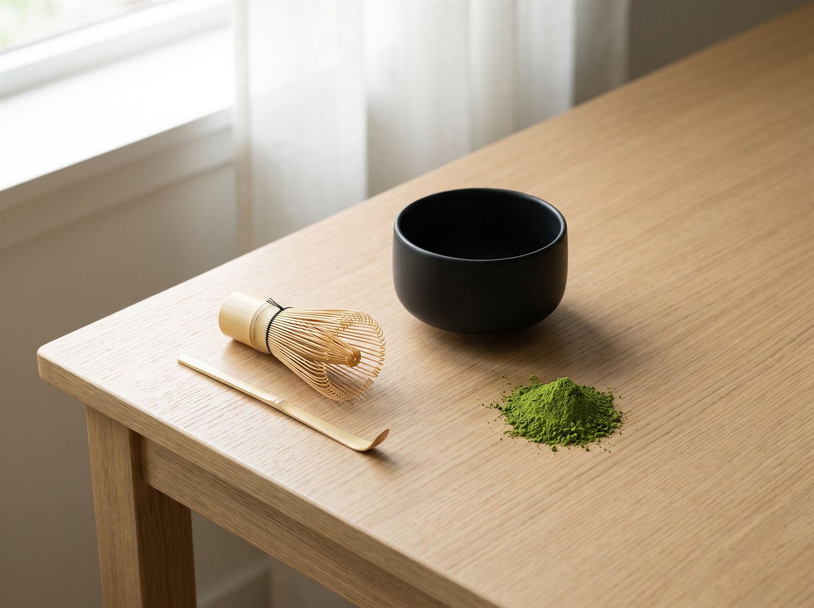Kit de matcha com chasen, chashaku e chawan