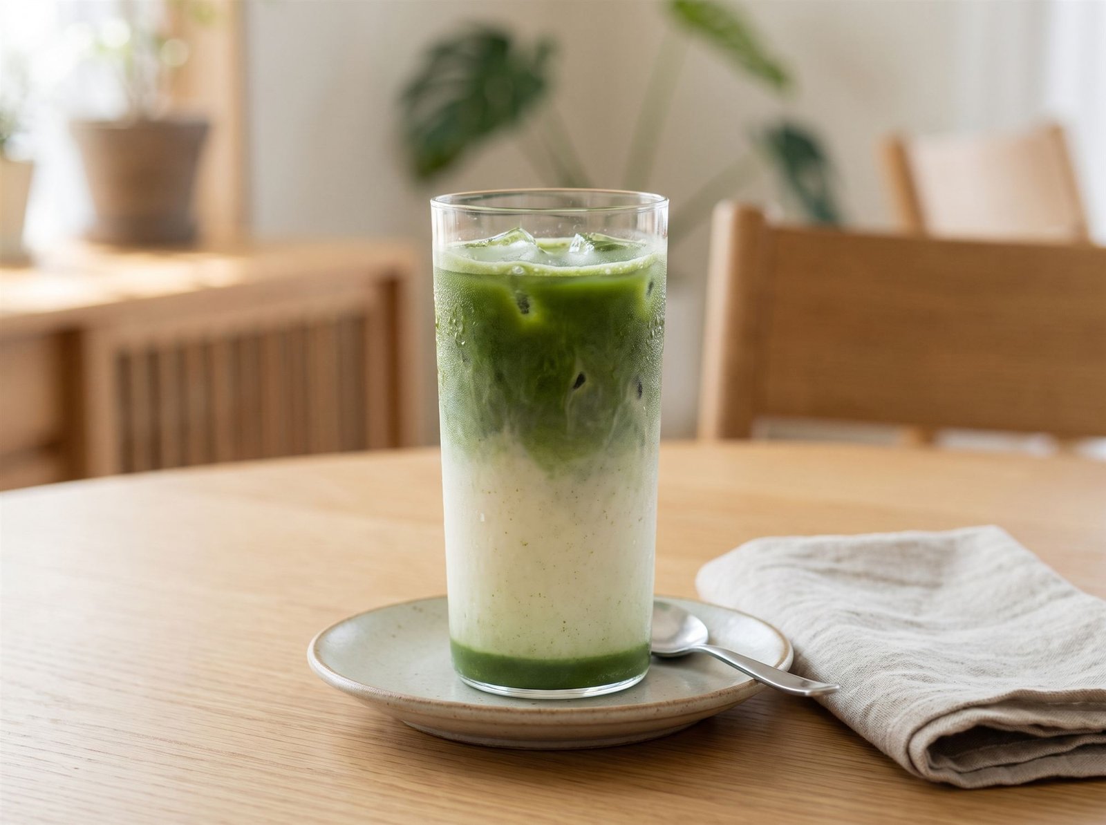 Matcha latte gelado em copo alto